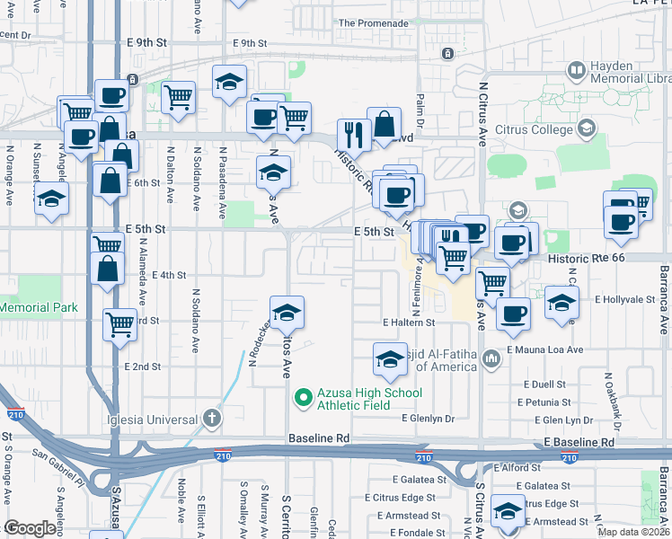 map of restaurants, bars, coffee shops, grocery stores, and more near 635 East Matchwood Place in Azusa