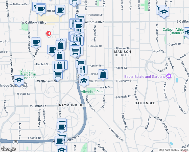 map of restaurants, bars, coffee shops, grocery stores, and more near 270 Ohio Street in Pasadena