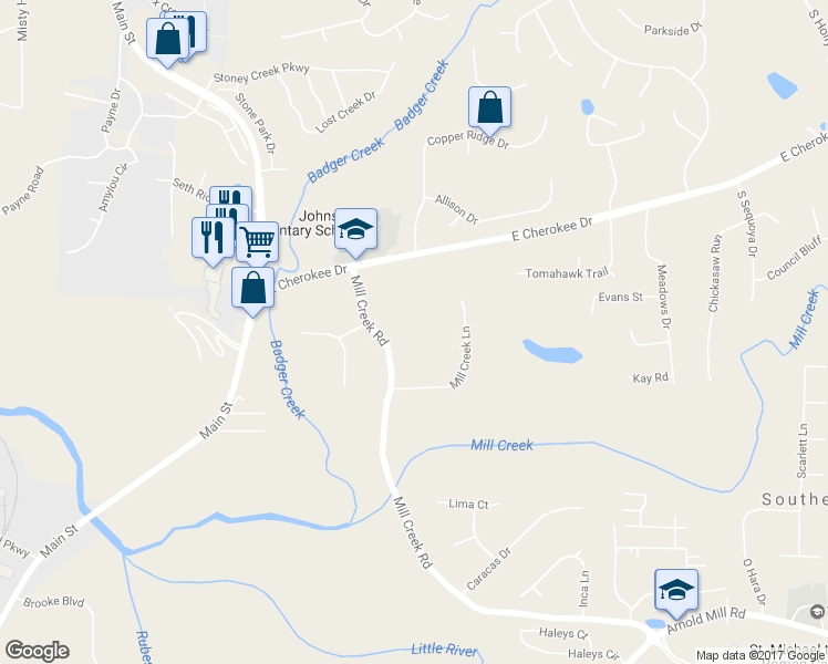 map of restaurants, bars, coffee shops, grocery stores, and more near 219 Mill Creek Road in Woodstock