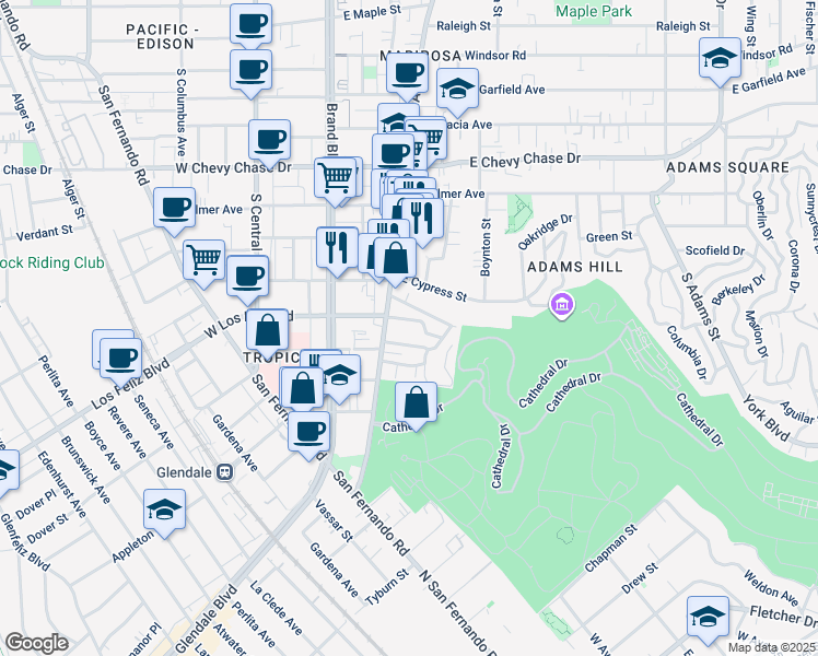 map of restaurants, bars, coffee shops, grocery stores, and more near 1412 South Glendale Avenue in Glendale