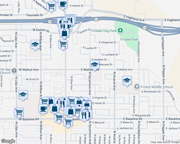 map of restaurants, bars, coffee shops, grocery stores, and more near 1571 North Sycamore Avenue in Rialto