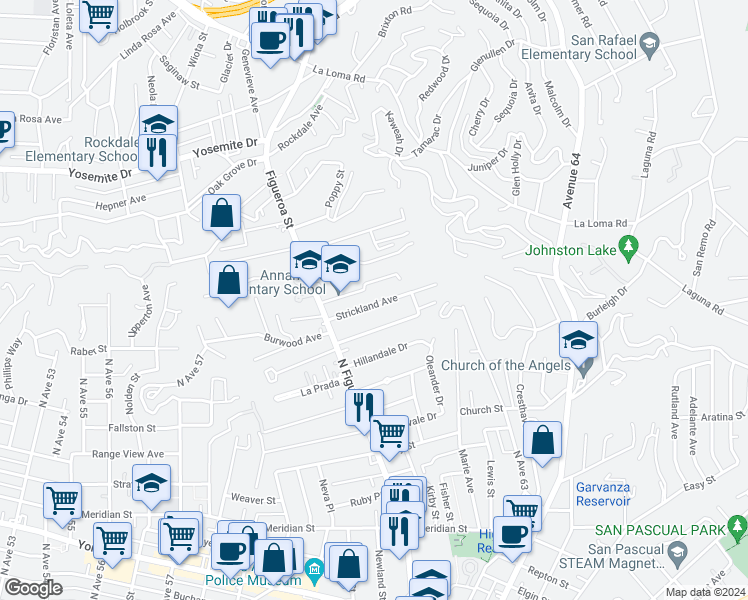 map of restaurants, bars, coffee shops, grocery stores, and more near 6163 Strickland Avenue in Los Angeles