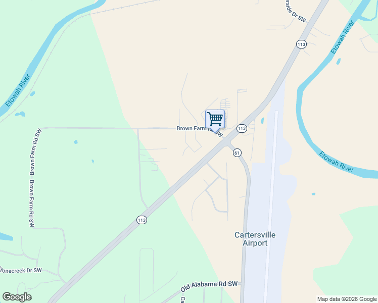 map of restaurants, bars, coffee shops, grocery stores, and more near 64 Westside Chase Southwest in Cartersville
