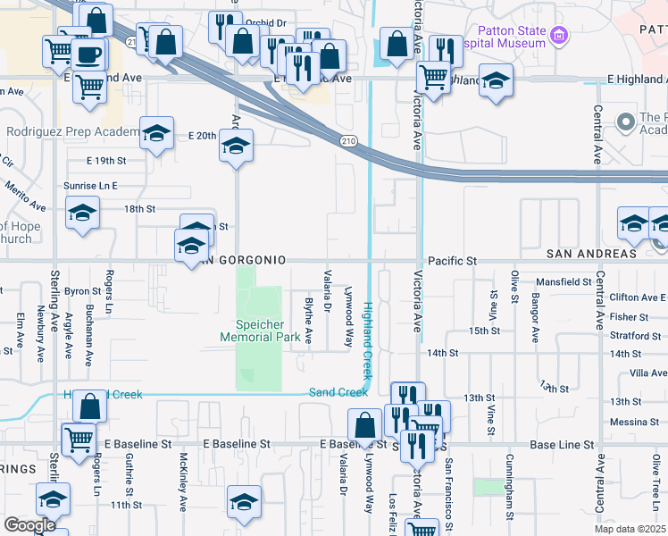 map of restaurants, bars, coffee shops, grocery stores, and more near 1595 Valaria Drive in Highland