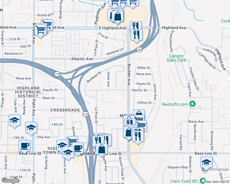 map of restaurants, bars, coffee shops, grocery stores, and more near Pacific Street in Highland