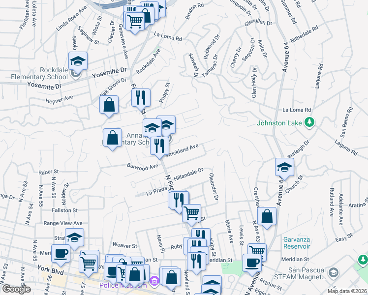 map of restaurants, bars, coffee shops, grocery stores, and more near 6163 Strickland Avenue in Los Angeles
