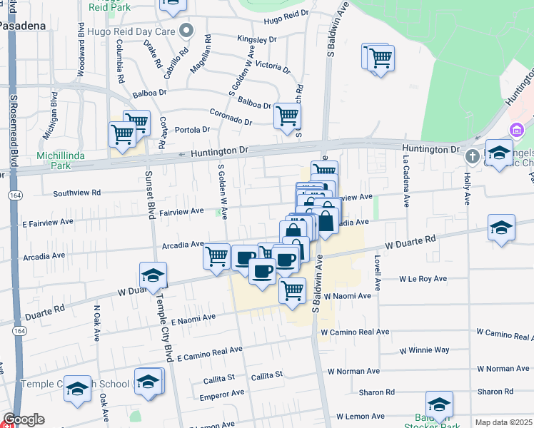 map of restaurants, bars, coffee shops, grocery stores, and more near 800 Fairview Avenue in Arcadia