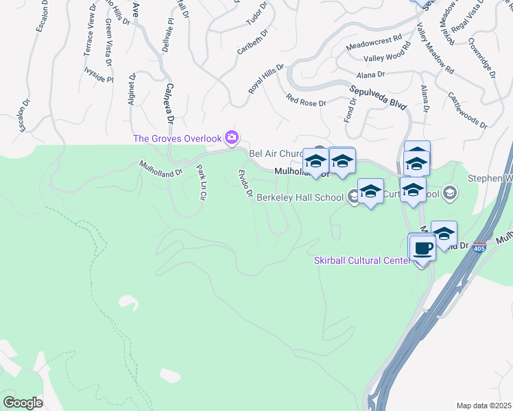 map of restaurants, bars, coffee shops, grocery stores, and more near 3054 Elvido Drive in Los Angeles