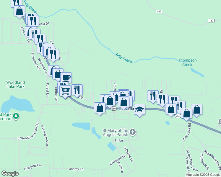 map of restaurants, bars, coffee shops, grocery stores, and more near 65 Adair Drive in Pinetop-Lakeside