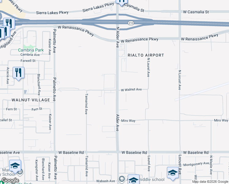 map of restaurants, bars, coffee shops, grocery stores, and more near 1552 North Alder Avenue in Rialto
