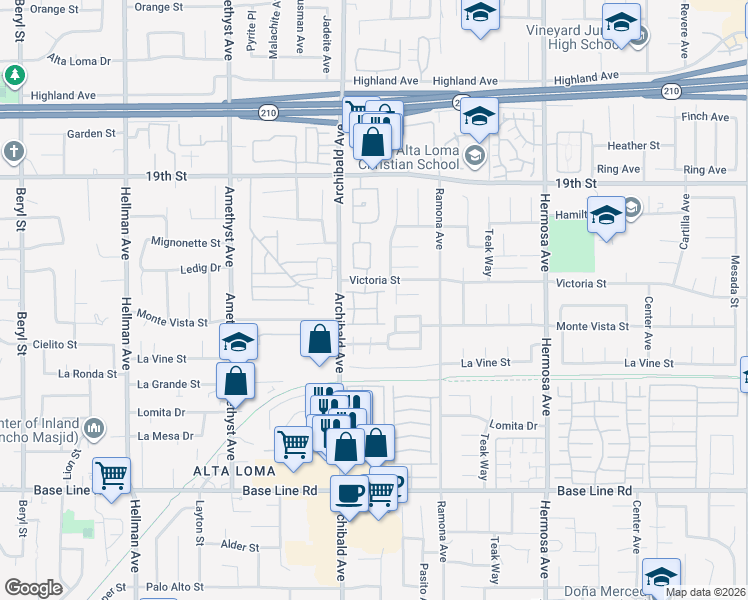 map of restaurants, bars, coffee shops, grocery stores, and more near 6935 Doheny Place in Rancho Cucamonga