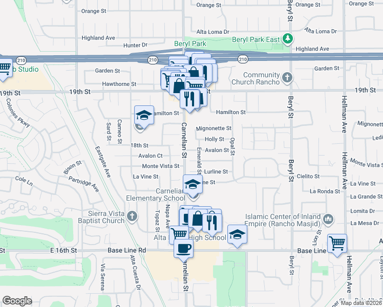 map of restaurants, bars, coffee shops, grocery stores, and more near 8744 Monte Vista Street in Rancho Cucamonga