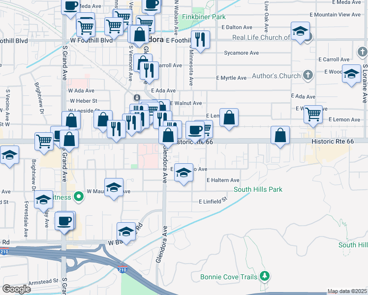 map of restaurants, bars, coffee shops, grocery stores, and more near 632 South Wabash Avenue in Glendora