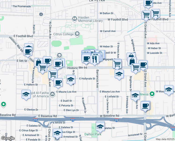 map of restaurants, bars, coffee shops, grocery stores, and more near 1150 East Alosta Avenue in Azusa