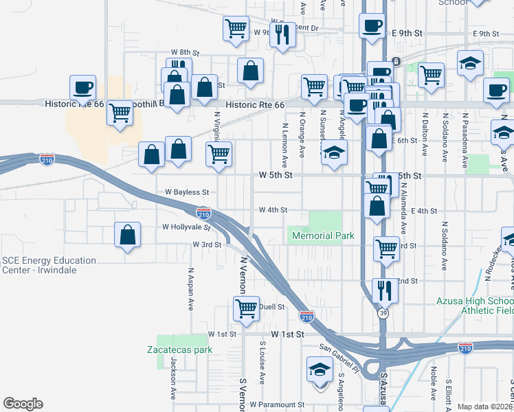 map of restaurants, bars, coffee shops, grocery stores, and more near 702 West 4th Street in Azusa