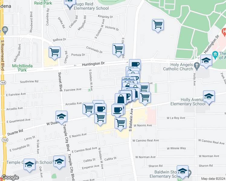 map of restaurants, bars, coffee shops, grocery stores, and more near 800 Fairview Avenue in Arcadia