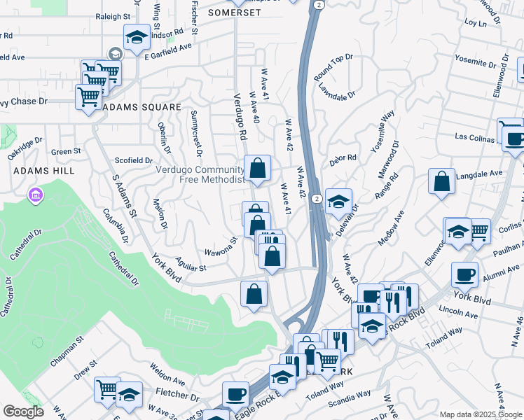 map of restaurants, bars, coffee shops, grocery stores, and more near 4225 West Avenue 40 in Los Angeles