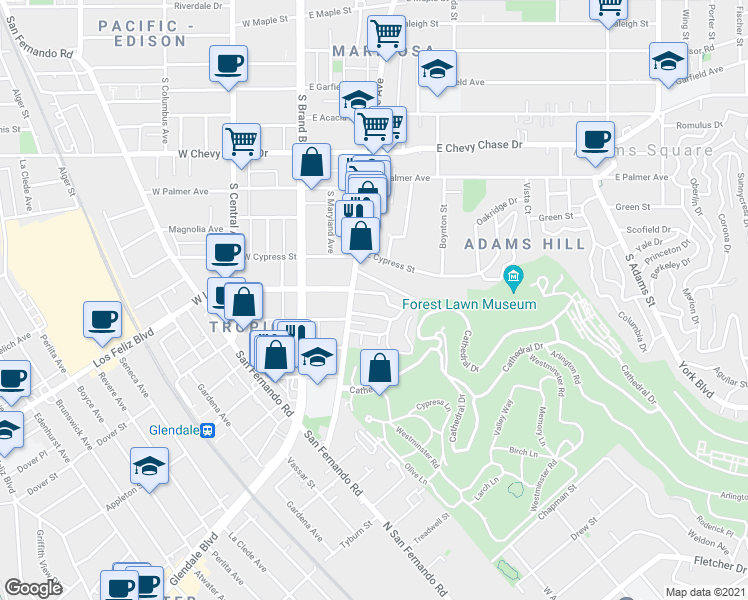map of restaurants, bars, coffee shops, grocery stores, and more near 1412 South Glendale Avenue in Glendale