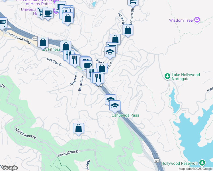 map of restaurants, bars, coffee shops, grocery stores, and more near 3121 Hollycrest Drive in Los Angeles