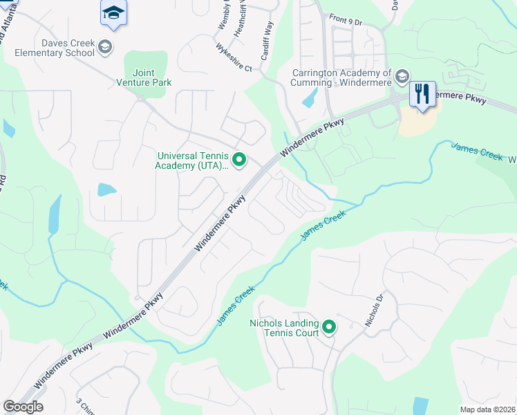 map of restaurants, bars, coffee shops, grocery stores, and more near 4655 Granby Circle in Cumming