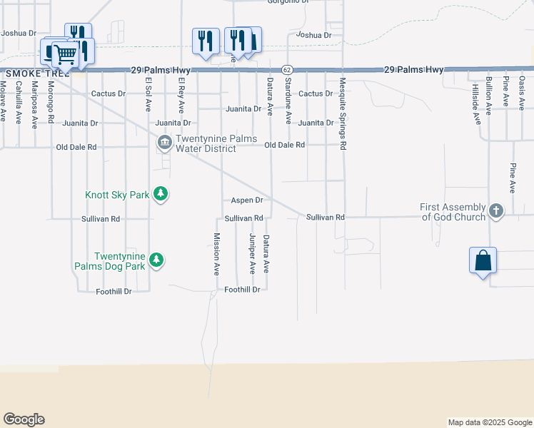 map of restaurants, bars, coffee shops, grocery stores, and more near 6896 Datura Avenue in Twentynine Palms