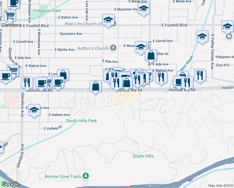map of restaurants, bars, coffee shops, grocery stores, and more near 862 East Route 66 in Glendora