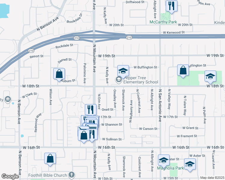 map of restaurants, bars, coffee shops, grocery stores, and more near 1791 Omalley Avenue in Upland