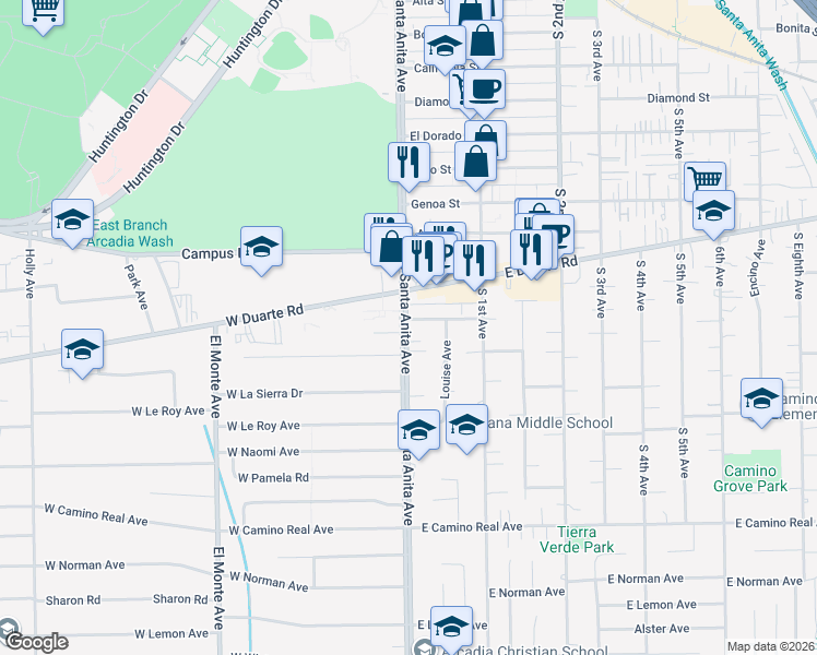 map of restaurants, bars, coffee shops, grocery stores, and more near 2 Christina Street in Arcadia