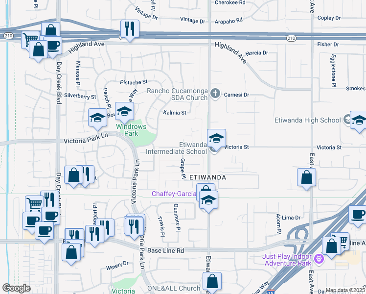 map of restaurants, bars, coffee shops, grocery stores, and more near 12839 Victoria Street in Rancho Cucamonga