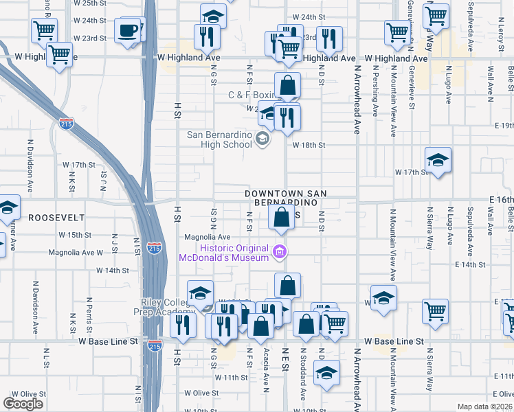 map of restaurants, bars, coffee shops, grocery stores, and more near 564 West Evans Street in San Bernardino