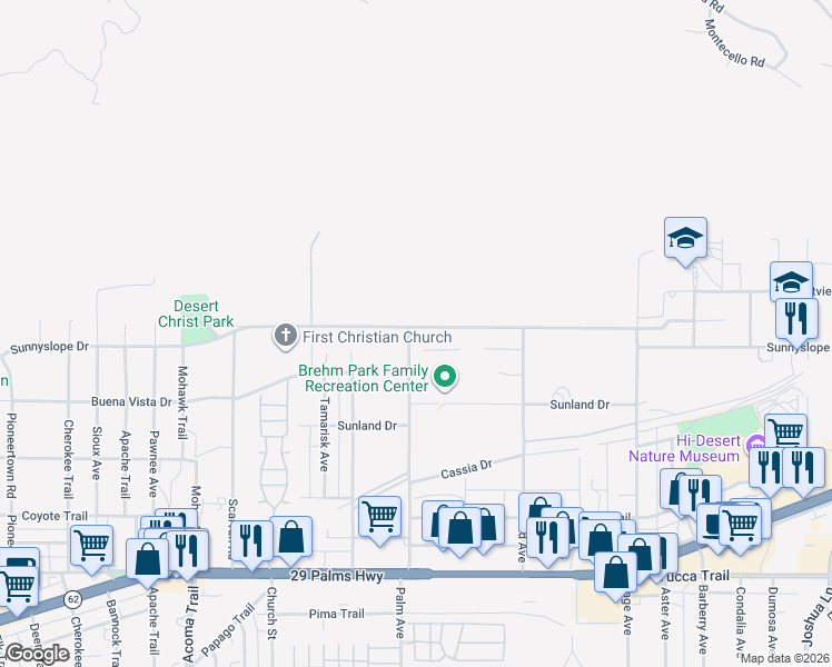 map of restaurants, bars, coffee shops, grocery stores, and more near 6879 Palm Avenue in Yucca Valley