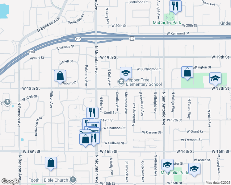 map of restaurants, bars, coffee shops, grocery stores, and more near 1791 Omalley Avenue in Upland