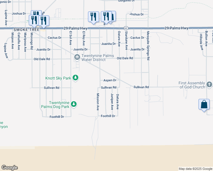 map of restaurants, bars, coffee shops, grocery stores, and more near 72649 Sullivan Road in Twentynine Palms