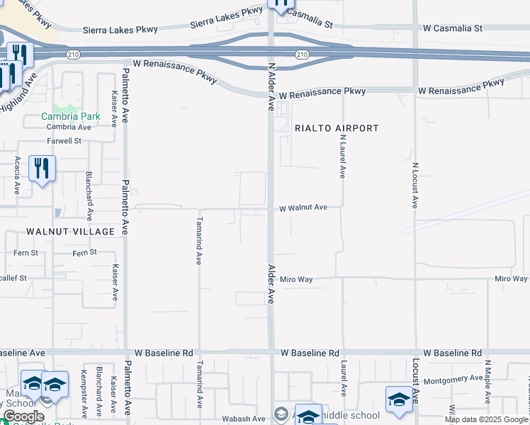 map of restaurants, bars, coffee shops, grocery stores, and more near 2335 West Walnut Avenue in Rialto