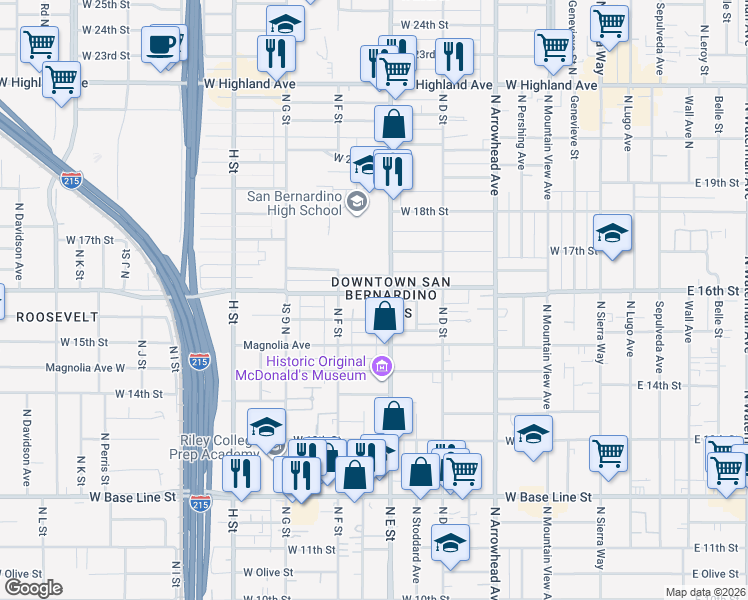 map of restaurants, bars, coffee shops, grocery stores, and more near 531 West 16th Street in San Bernardino