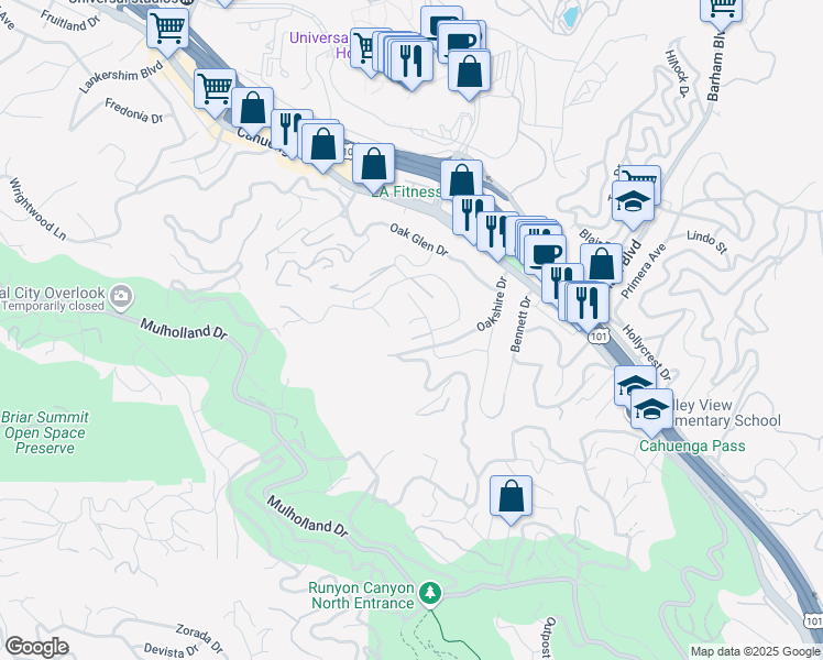 map of restaurants, bars, coffee shops, grocery stores, and more near 3435 Adina Drive in Los Angeles