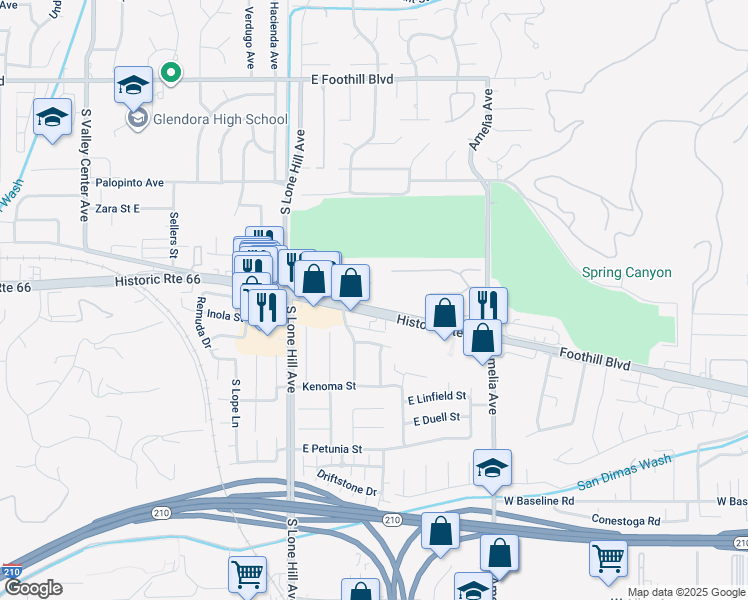 map of restaurants, bars, coffee shops, grocery stores, and more near 2025 East Route 66 in Glendora