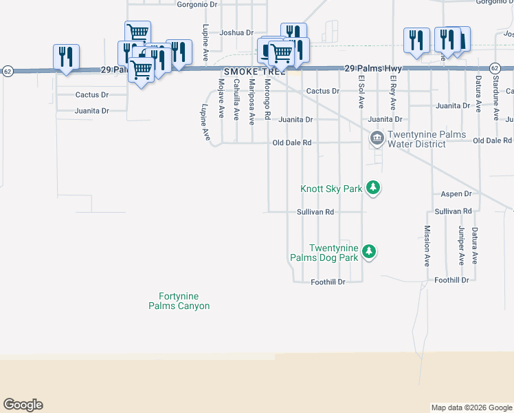 map of restaurants, bars, coffee shops, grocery stores, and more near 6894 Morongo Road in Twentynine Palms