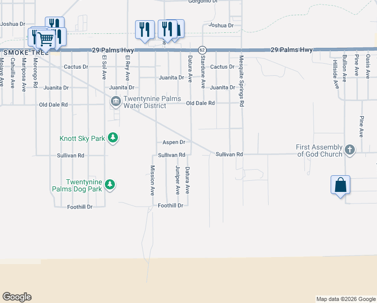 map of restaurants, bars, coffee shops, grocery stores, and more near 72697 Sullivan Road in Twentynine Palms