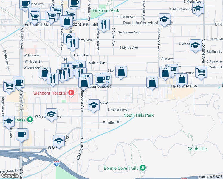 map of restaurants, bars, coffee shops, grocery stores, and more near 414 East Route 66 in Glendora