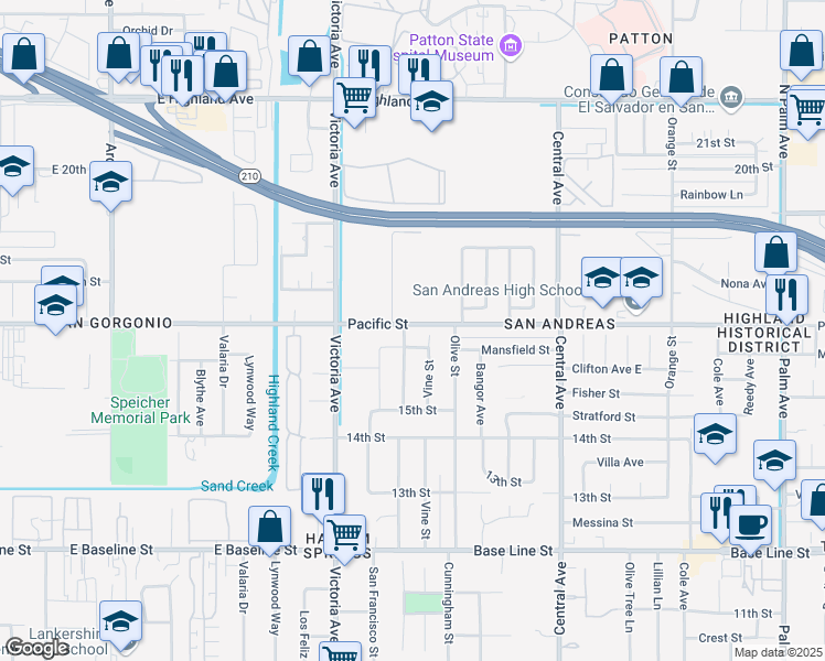 map of restaurants, bars, coffee shops, grocery stores, and more near 6909 San Francisco Street in Highland