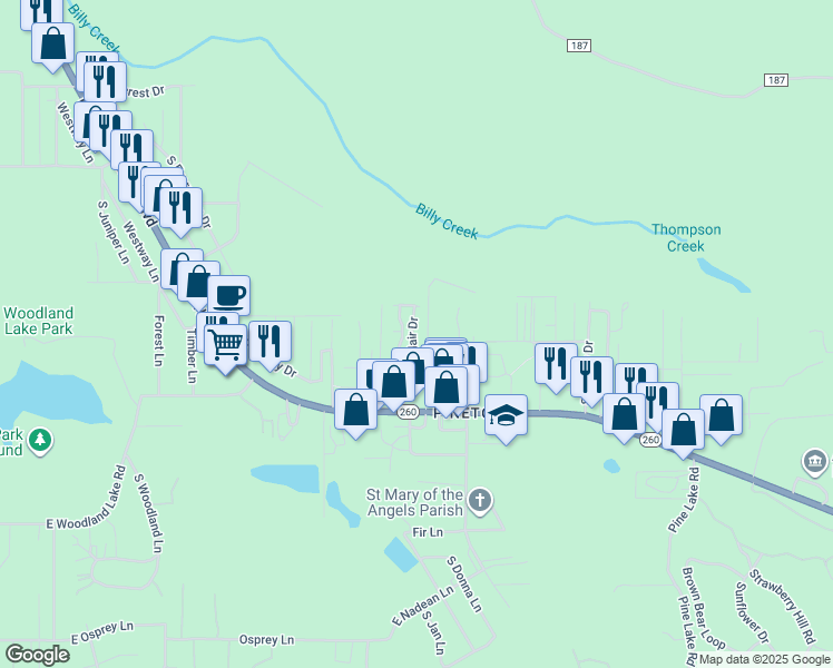 map of restaurants, bars, coffee shops, grocery stores, and more near 65 Adair Drive in Pinetop-Lakeside