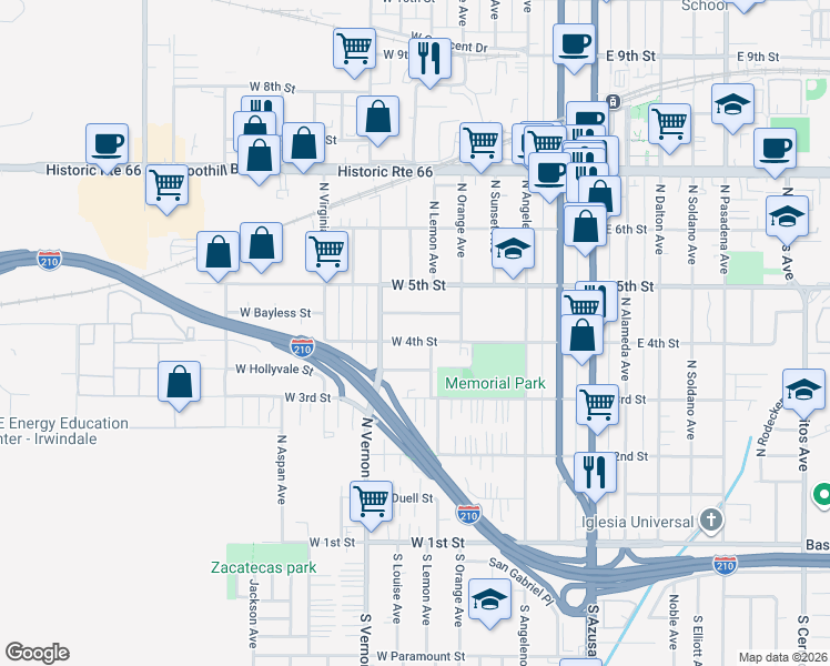 map of restaurants, bars, coffee shops, grocery stores, and more near 702 West 4th Street in Azusa