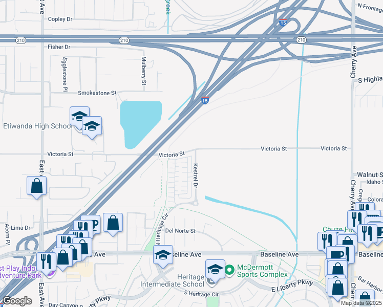 map of restaurants, bars, coffee shops, grocery stores, and more near 13906 Gazania Lane in Fontana