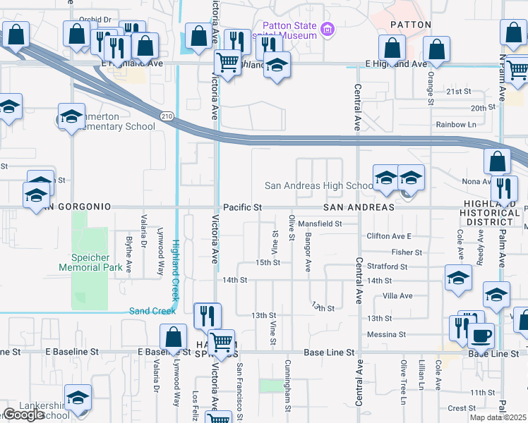 map of restaurants, bars, coffee shops, grocery stores, and more near 6909 San Francisco Street in Highland