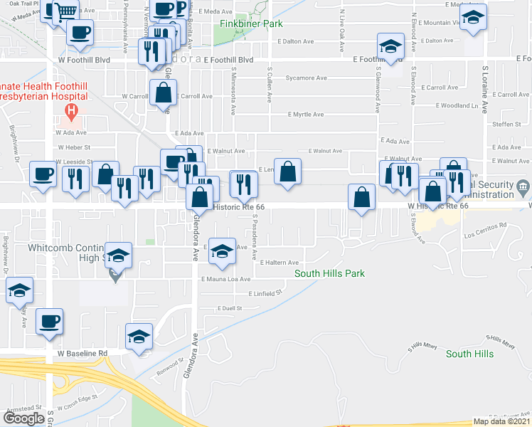 map of restaurants, bars, coffee shops, grocery stores, and more near 414 East Route 66 in Glendora