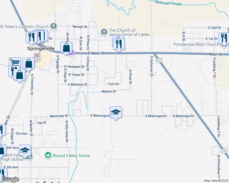 map of restaurants, bars, coffee shops, grocery stores, and more near 786 Mason Street in Springerville