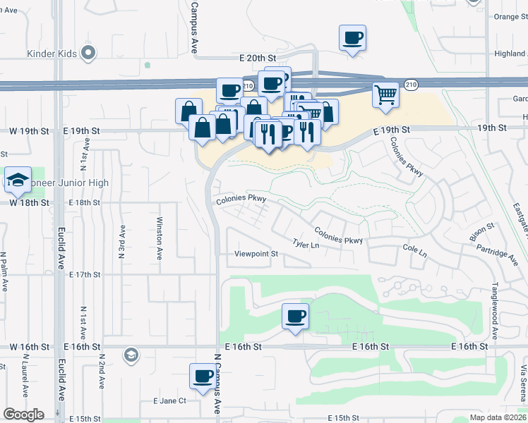 map of restaurants, bars, coffee shops, grocery stores, and more near 876 Madison Court in Upland
