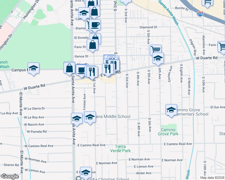 map of restaurants, bars, coffee shops, grocery stores, and more near 151 Christina Street in Arcadia