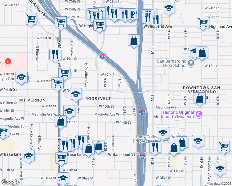 map of restaurants, bars, coffee shops, grocery stores, and more near 1025 West 16th Street in San Bernardino